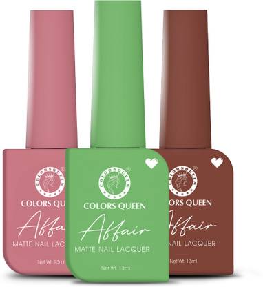 COLORS QUEEN Affair Matte Nail Polish Set of 3, Quick Drying, Long Lasting Nail Paint Kit Blushing Petal, Grashopper Green, Spicy Mix