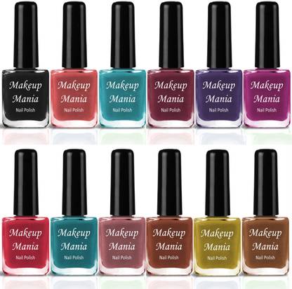 makeupmania No Chipping-No Fading Longest Lasting Ever Nail Polish Set of 12 Pcs (#202) Black, Green, Purple, Red, Yellow