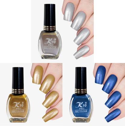 K10 High Shine Long Lasting Non Toxic Professional Nail Polish Combo Blue, Silver, Golden