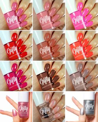 GIFTY 8ml each Glossy High Shine Premium Quality Long Lasting Nail Polish Set of 12 Bloody Red, Mauve, Pink, Silver, Top Coat, Dark Brown, Maroon