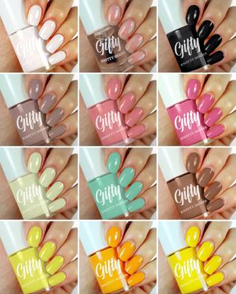 GIFTY Charming Nail Polish Set of 12 Pcs Pearl White, Black, Clear, La Cream, Yellow, Mauve