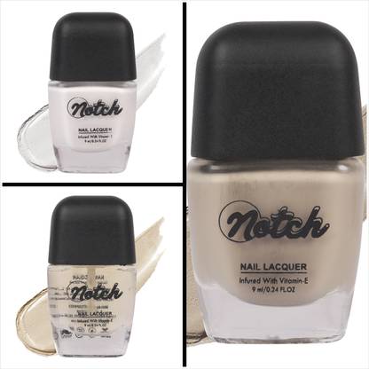 Notch 9ml Each Premium Long Lasting HD Finish Smooth Matte Look Nail Polish/ Enamel (Pure White), (Beige Glow), (Base Coat)