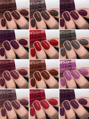 EOD Brilliant Shine Glossy Modern Nail Polish Paint Set Combo 6ml each of 12 Bottles Long Lasting Red, Brown, Nude, Light Grey, Light Purple, Pink, Wine, Plum etc