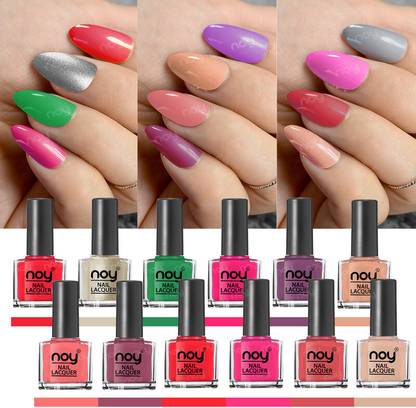 NOY Quick Dry Long Lasting Nail Polish Combo Offer Set of 12 Combo No-04 Red,Nude,Peach,Pearlywhite,Pink,BrickRed,Purple,Dark Pink,Violet,Neon Pink,Green