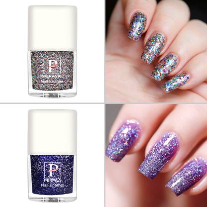 Perpaa Glitter Nail Polish High Gloss, Long Lasting Quick-Dry (Set Of 2) Silver, Royal Blue