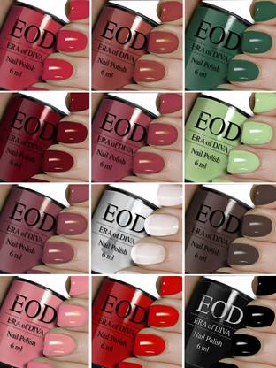 EOD 6ml each glossy high shine premium quality long lasting nail ppolish paint set of 12bottles BLACK RED Multicolor