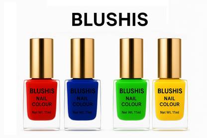BLUSHIS Gel Shine nail polish waterproof long-lasting quick drying combo pack of 4 with New Trendy Colours [ Red,Yellow,Lime,Bue ] Multicolor