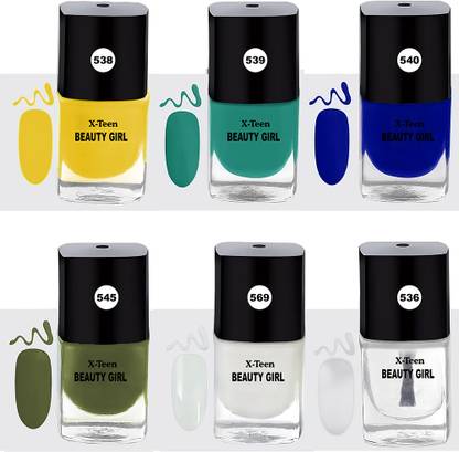 x teen XTEEN 6 Colors Nail Polish Set (Pack of 6) 538Yellow,539Mint Green,540Royal Blue,545Olive,569Pearl White,536Top Coat