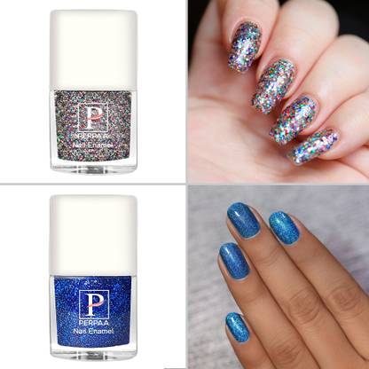 Perpaa Glitter Nail Polish High Gloss, Long Lasting Quick-Dry (Set Of 2) Silver, Turquoise