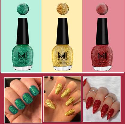 MI FASHION Ultra Glass Glitter Long Stay Nail Polish 15ml each Goldon Gold, Radium, Red