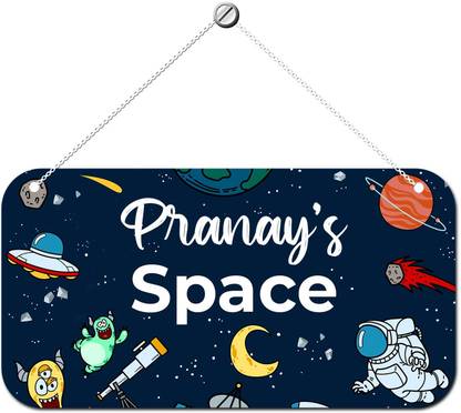 ARTBUG Wooden Space Theme Pranay Name Door Sign, Wall Hanging for Kids Room Name Plate