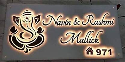Mystica Glass Ganesh Ji Name Plate Led, For Home Office & Outdoor, Entrance, Glossy White Name Plate