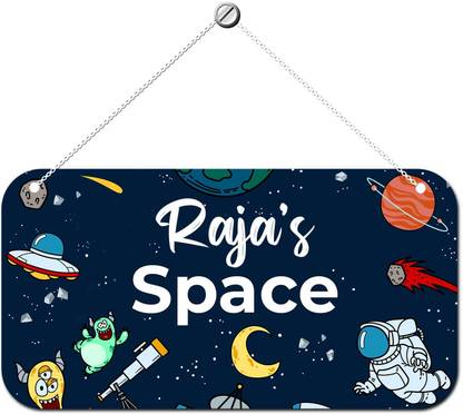 ARTBUG Wooden Space Theme Raja Name Door Sign, Wall Hanging for Kids Room Name Plate