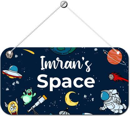 ARTBUG Wooden Space Theme Imran Name Door Sign, Wall Hanging for Kids Room Name Plate
