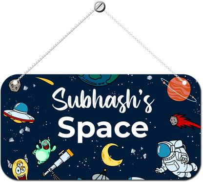 ARTBUG Wooden Space Theme Subhash Name Door Sign, Wall Hanging for Kids Room Name Plate