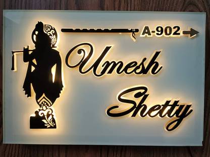 Mystica Glass Krishna Design Light Name Plate, For Home Office, Outdoor Entrance, Glossy White Led Name Plate