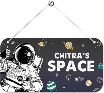 ARTBUG Wooden Astronaut Space Theme Chitra Name Door Sign, Wall Hanging for Kids Room Name Plate