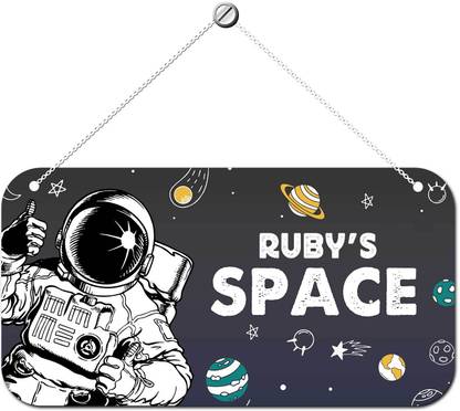 ARTBUG Wooden Astronaut Space Theme Ruby Name Door Sign, Wall Hanging for Kids Room Name Plate