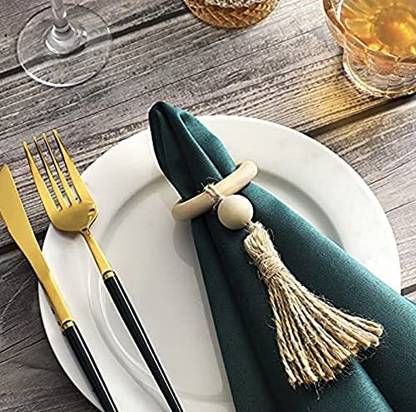 inshreys Wooden Bead Napkin Rings Small Beads Jute Tassel Dining Table Decor Set of 6 Napkin Rings