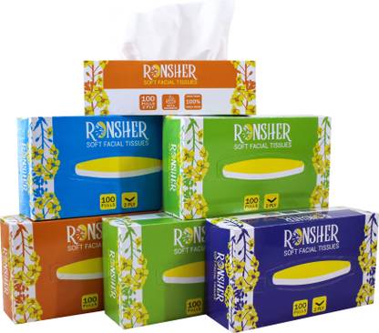 RONSHER 2 Ply Pack of 6 Tissue Box With 100 pulls each White Paper Napkins White Paper Napkins