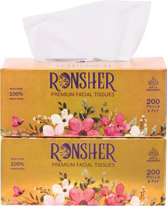 RONSHER 2 Ply Luxury Facial Tissue Paper | 200 Pulls Each | Pack of 2 White Paper Napkins