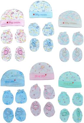 HONOR YOUR HOME Newborn Baby Cotton Cap, Mittens & Booties Set (Pack of 3) | Random Print