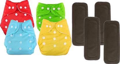 SAGEVI Baby's Cloth Pocket Diaper With Insert (Pack of 4,Sky Blue,Red,Yellow,Green)