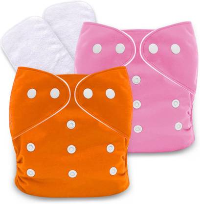 BATANIYA Washable Reusable Adjustable Diapers(Orange Pink 2 Nappy 2 White Insert)