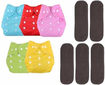 vsol Adjustable Quick Dry Washable Reusable Cloth Diaper Nappy With Premium Quality, Soft, Washable, Reusable, Wet Free Baby Bamboo Charcoal Inserts for Toddlers/Babies/New Borns (0-36 Months) - (5 + 5 Combo - 10 Pieces)