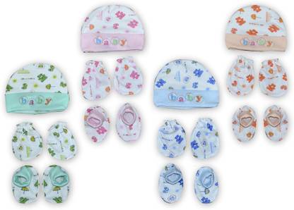 HONOR YOUR HOME Newborn Baby Cotton Cap, Mittens & Booties Set (Pack of 4)