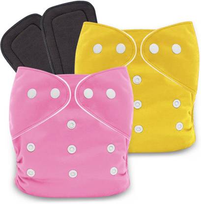 Noor Exclusive Washable Reusable Adjustable Diapers(Pink Yellow 2 Nappy 2 Blk Insert)