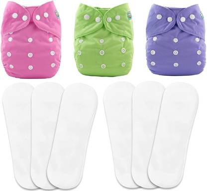 Aldeco [Pack of 3 Pocket Cloth Diaper with 6 White Insert Pad] / Washable Baby Cloth Diaper / Reusable Nappy for Kids of age (0-24 months) (Multicolor)