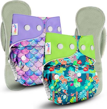 LILTOES Washable & Reusable Baby Cloth Diaper (Little Mermaid,Jungle Safari)
