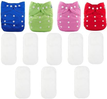 Aldeco [Pack of 4 Pocket Cloth Diaper with 8 White Insert Pad] / Washable Baby Cloth Diaper / Reusable Nappy for Kids of age (0-24 months) (Multicolor)