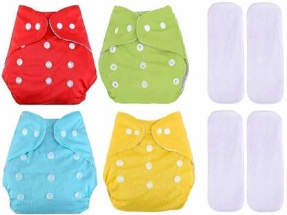vsol Adjustable Quick Dry Washable Reusable Cloth Diaper Nappy With White 5 Layer Microfiber Bamboo Changing Insert Pads For Toddlers/Babies/New Borns (0-36 Months) - (4 + 4 Combo - 8 Pieces)