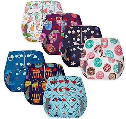 Superbottoms BASIC EASY Pack of 7 Freesize Washable & reusable waterproof adjustable cloth diaper for babies with quick drying prefold style soaker(insert) & dry feel layer on top