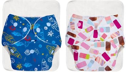Superbottoms BASIC Cloth diapers- PACK OF 2- 2 Certified Soft Fleece Lined Pocket Diapers with 2 inserts with snaps (Redflowers and Blue star)
