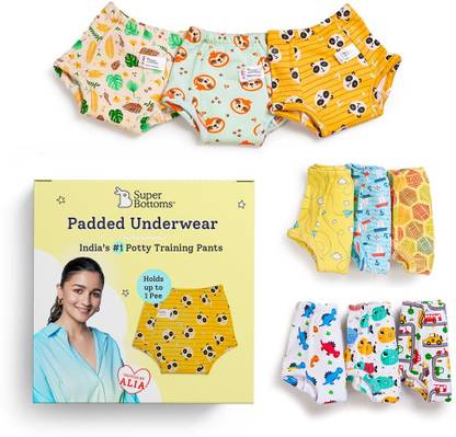 Superbottoms Padded Underwear-Pack Of 9 Potty Training Pants for Babies/ Toddlers/ Kids. 100% Cotton,Padded,Semi Waterproof,Pull UP Unisex Underwear Trainers For Girls and Boys (Size 3, Assorted)