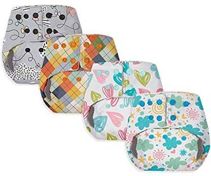 Superbottoms BASIC EASY Pack of 4 Freesize Washable & reusable waterproof adjustable cloth diaper for babies with quick drying prefold style soaker(insert) & dry feel layer on top - Combo 1