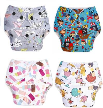 rotation Reusable Button Diaper Multi Color Pack of 4 Diaper & 4 Black 5 layer Insert