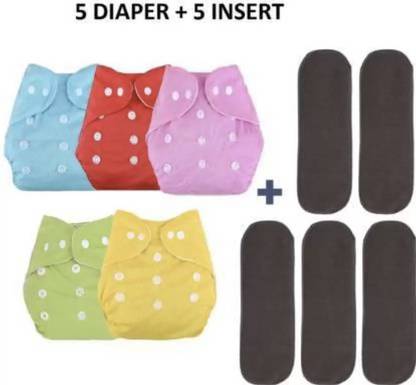 SKutirNappy 5 Piece Button Reusable Cloth Diapers with 5 inserts (black) - (5 Multicolour)