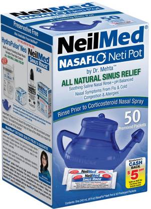 neilmed NasaFlo Unbreakable Neti Pot with 50 Premixed Packets Manual Nasal Aspirator