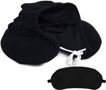 Juzzii Velvet Hoodie Neck Pillow With Eye Mask Combo for Road Trip and Flight - Hoodie Neck Pillow & Eye Shade