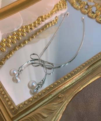 MYKI Bow With Pearl Necklace For Women & Girls Silver Plated Stainless Steel Necklace