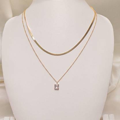 Lady Raiment Double Layer Chain with Silver Square Crystal Locket Anti-Tarnish Crystal Gold-plated Plated Stainless Steel Necklace