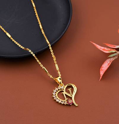 JETWAL N Name Pendant Heart Shape Design Alphabet N Locket with 18 Inch Chain Gold-plated Alloy Pendant