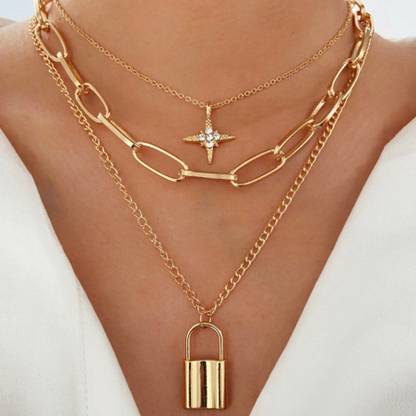 TheVineGirl Three Layered Lock Chain Star Necklace For Her Gold-plated Plated Alloy Necklace