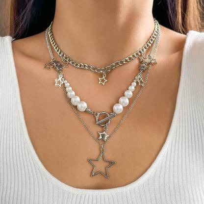 PALAY Layered Star Pendant Necklace Women Girl Trio Pearl Choker Y2K Aesthetic Jewelry Pearl Silver Plated Metal Layered