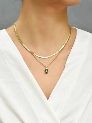 Lady Raiment Double Layer Chain with Green Square Crystal Locket Crystal Gold-plated Plated Stainless Steel Necklace