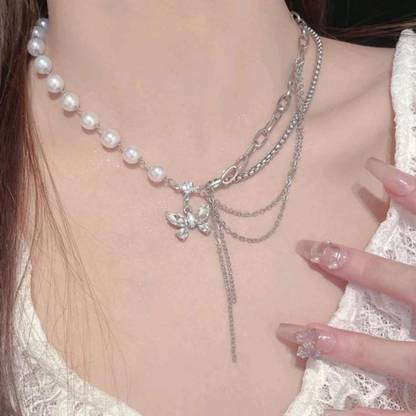 Samna Handicrafts korean butterfly rhinestone layered necklace Silver Plated Alloy Necklace